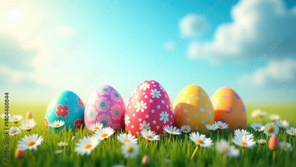 Colorful Easter Eggs in Spring Meadow with Blue Sky and Daisies Colorful Easter Eggs in Spring Meadow with Blue Sky and Daisies
