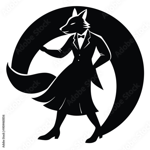 Sophisticated Fox in Tuxedo Silhouette Logo: Elegant Animal Character Design, Formal Attire, Black and White Circular Emblem