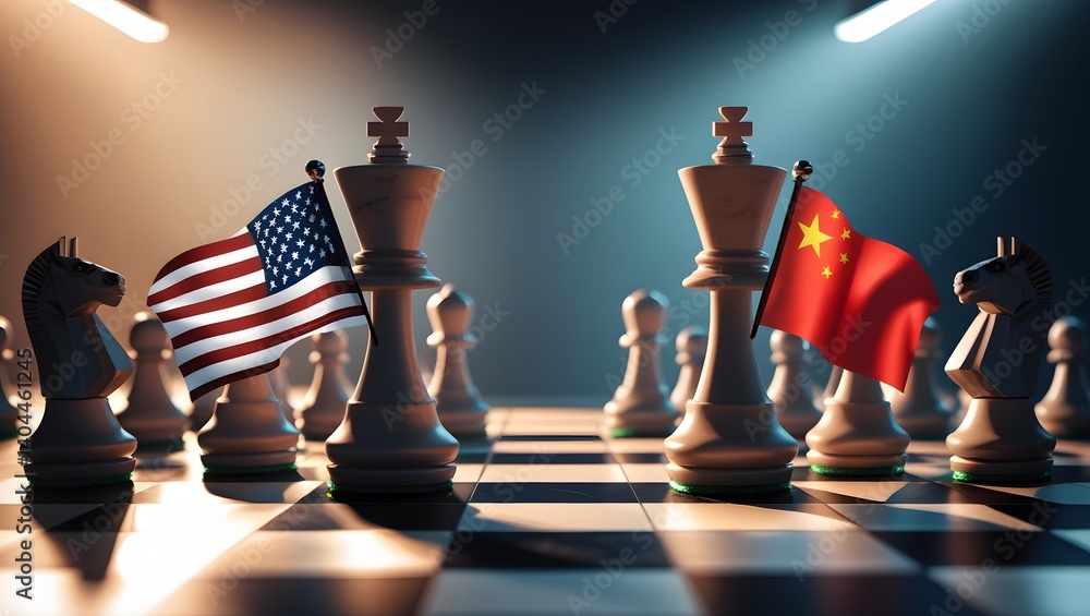 Naklejka premium USA vs China Strategic Conflict Represented by Chess Pawns - 3D
