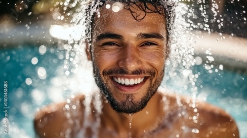 Smiling man gets splashed with water at an outdoor pool