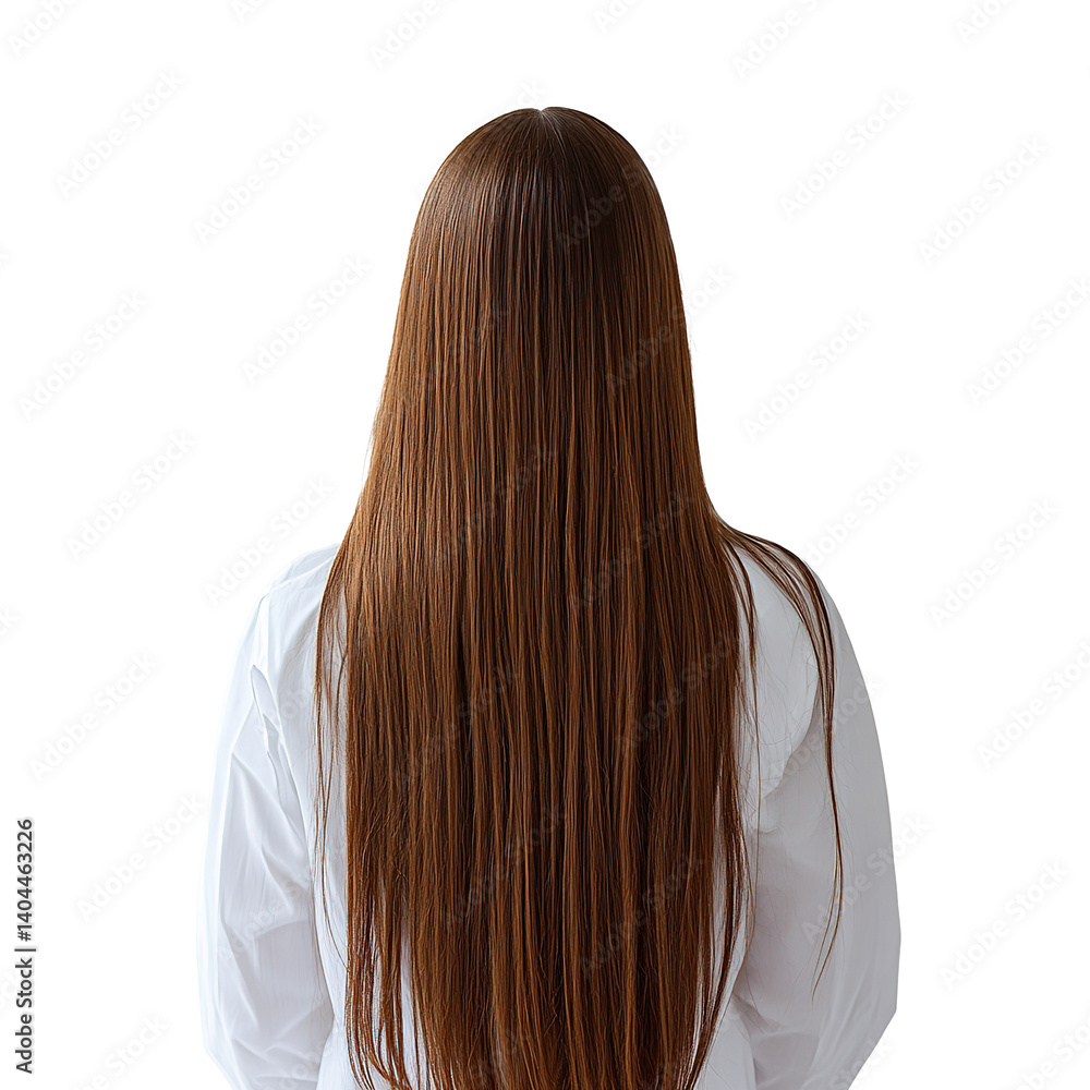 Naklejka premium Back View of Woman with Long Straight Brown Hair, Isolated on PNG Transparent Background 