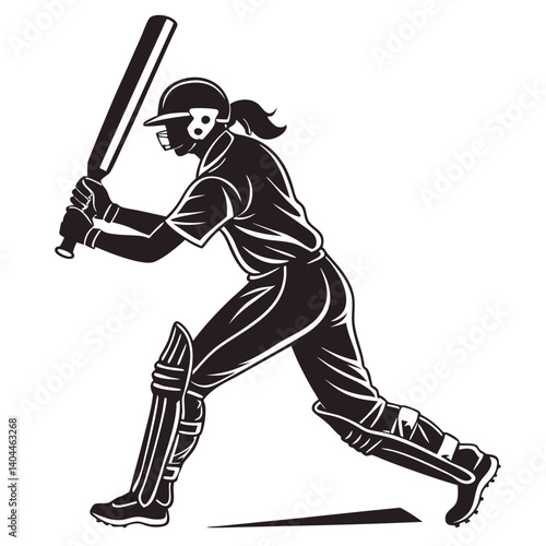 Female Cricketer Silhouette Bold Batting Stance in Black