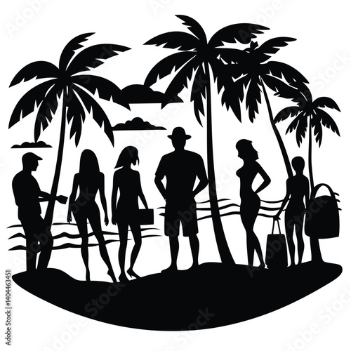 Tropical Beach Vacation Silhouette Art: Palm Trees, People, Summer Holiday, Island Getaway, Vector Illustration, Black and White Design