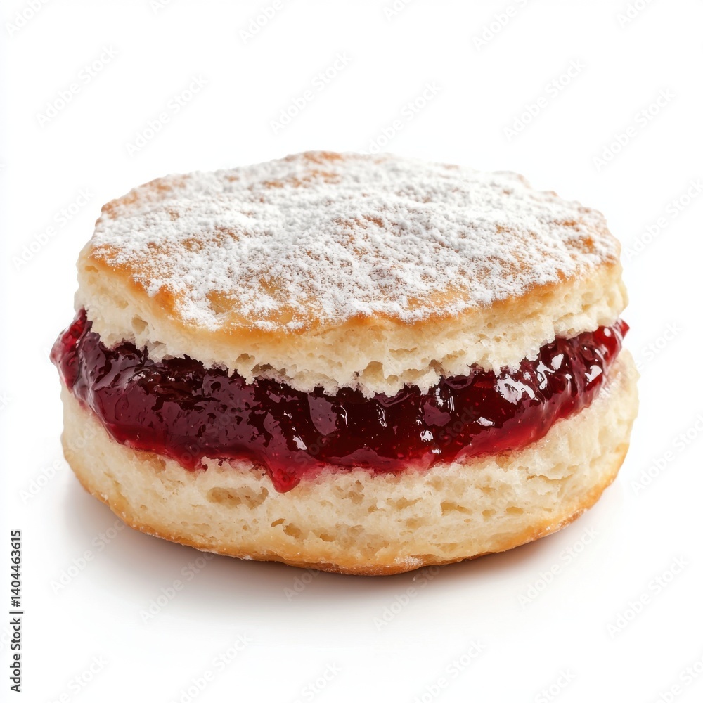A vibrant layer of wild plum jam spread on a fluffy biscuit, with a sprinkle of powdered sugar on top, A vibrant layer of wild plum jam spread on a fluffy biscuit, with a sprinkle of powdered sugar on top,
