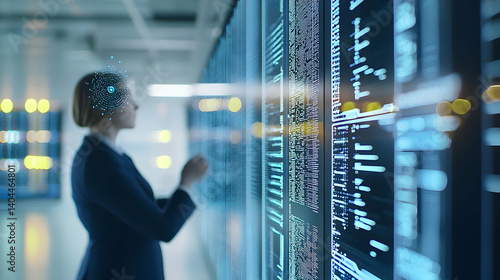 Businesswoman In Blue Suit Analyzes Data On Futuristic Interactive Digital Display In Modern Server Room With Neural Network Visualization