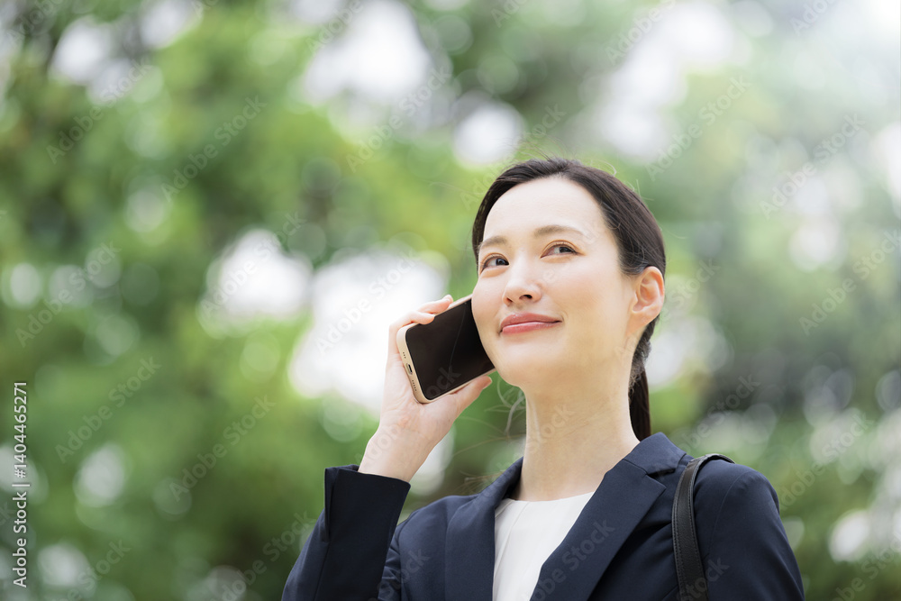 Woman in business suit talking on her phone and looking up in the fresh green outdoors Close-up of image of sales and outside work Woman in business suit talking on her phone and looking up in the fresh green outdoors Close-up of image of sales and outside work