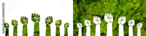Raised fists with green forest texture symbolizing environmental activism, protest, nature protection, and eco movement. Concept of unity, power, and ecological awareness in vector design.