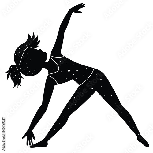 Black Silhouette Yoga Pose Illustration: Girl in Triangle Pose, Starry Night Style, Fitness & Wellness Concept