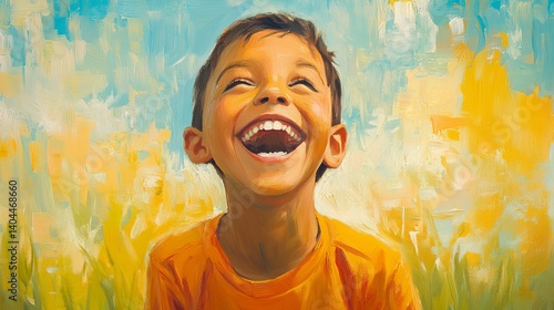 Wallpaper Mural Joyful child laughing in sunny outdoor field happy boy portrait painting bright colors summer cheerful Torontodigital.ca