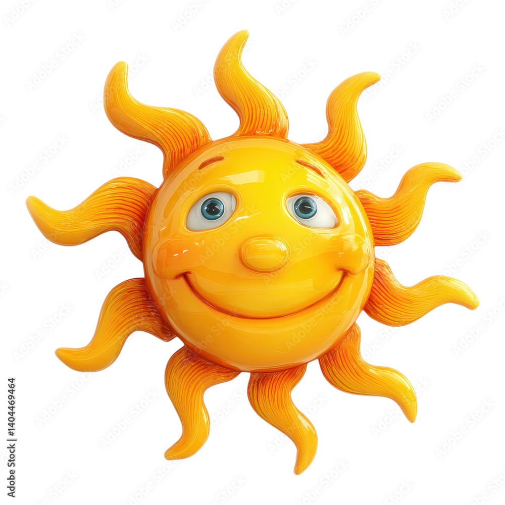 3D cartoon plastic-style smiling sun icon representing solar clean energy, warmth, and natural eco power in a fun playful design. 3D cartoon plastic-style smiling sun icon representing solar clean energy, warmth, and natural eco power in a fun playful design.