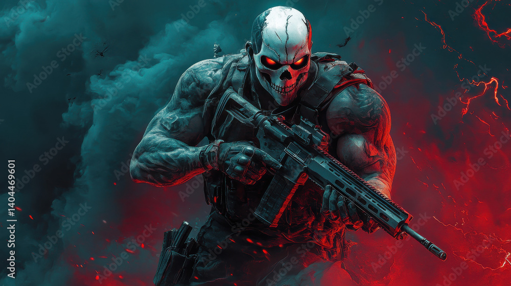 Naklejka premium Skull-Masked Warrior with Glowing Eyes in a Nightmarish Battlefield