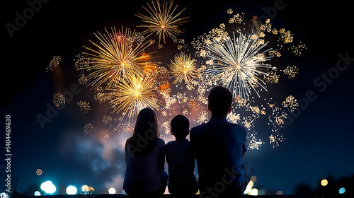 Family Silhouette Watching Colorful Fireworks Display In The Night Sky With Sparklers During Festive Celebration