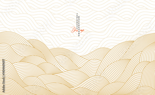 Abstract seamless pattern with gold and beige waves and lines in traditional oriental Japanese style