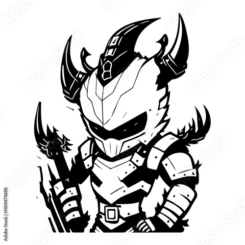 Illustrative armored character with menacing posture