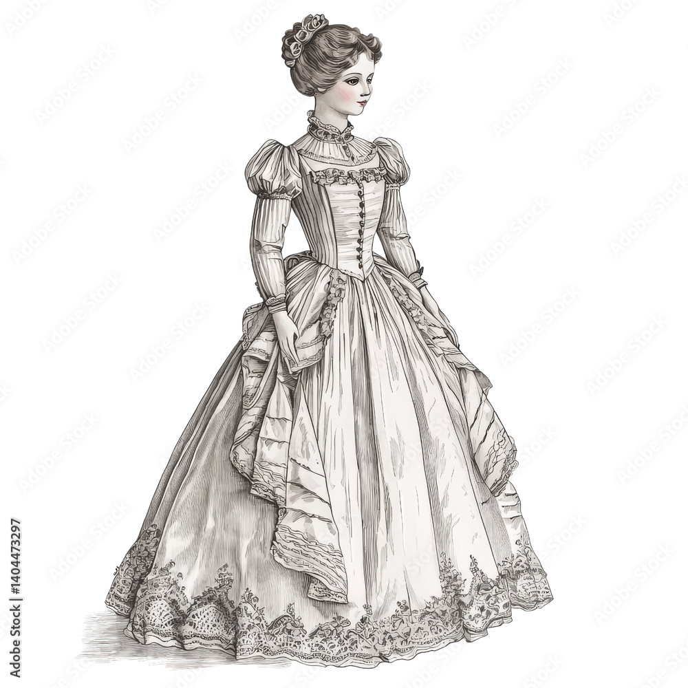 Fototapeta premium Elegant Vintage Attire: A meticulously detailed illustration of a woman in a graceful vintage dress, showcasing the sophistication of historical fashion.