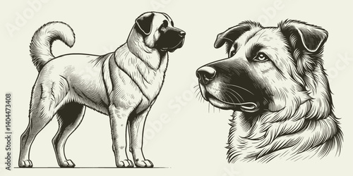 Alaskan Malamute dog illustration Set. Hand Drawn Pen and Ink. Vector Isolated in White. Engraving vintage style drawing for print, tattoo, t-shirt 