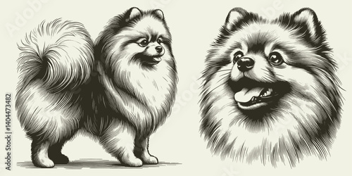 Pomeranian dog illustration Set. Hand Drawn Pen and Ink. Vector Isolated in White. Engraving vintage style drawing for print, tattoo, t-shirt 