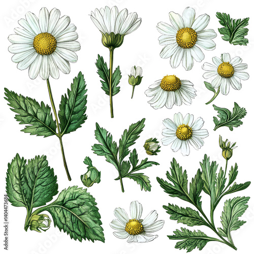 Floral Collage: Detailed watercolor illustration of a variety of fresh, vibrant chamomile blossoms. This botanical arrangement showcases the delicate beauty of daisies.