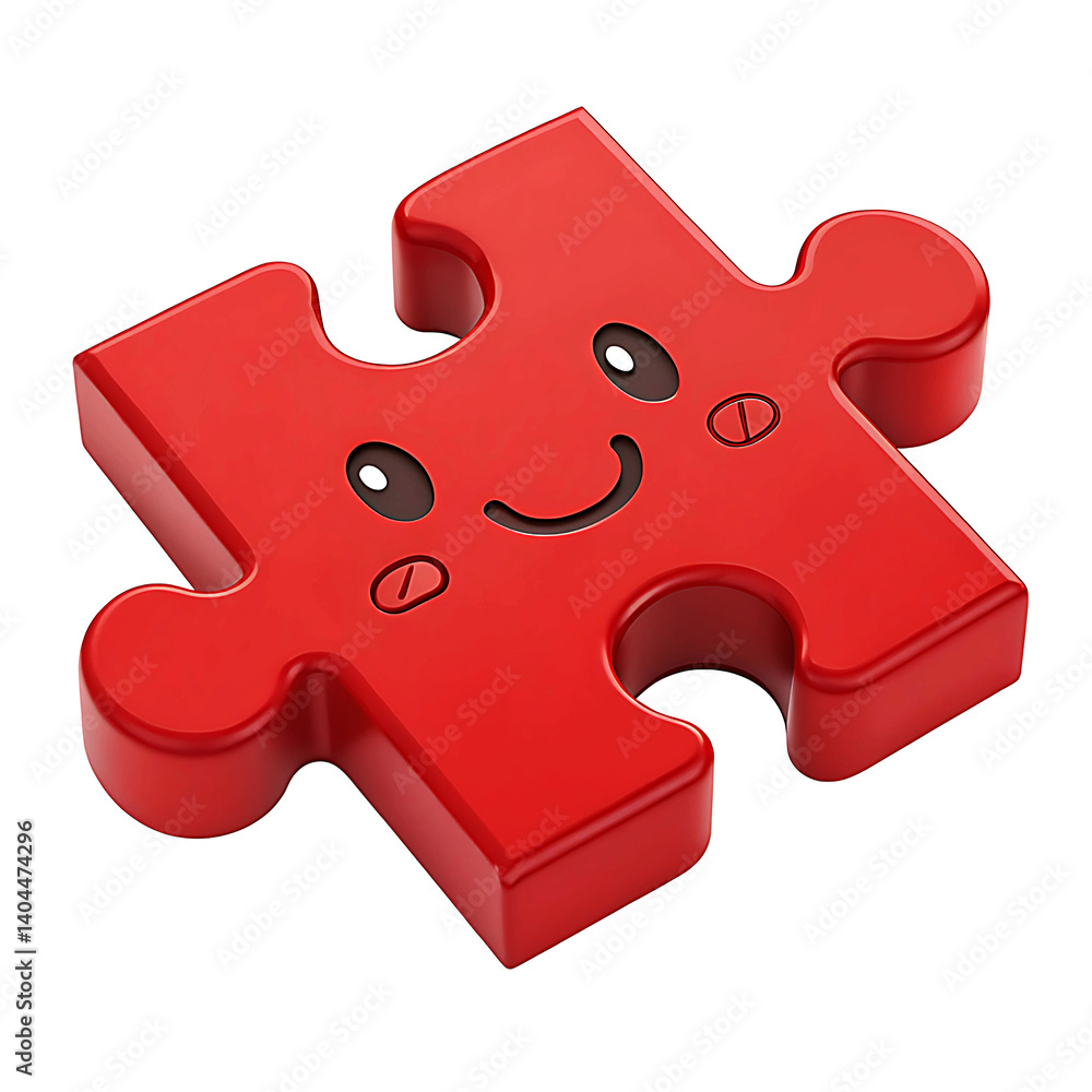 Obraz premium 3D Red Jigsaw Puzzle Piece Icon in Cartoon Plastic Style on Transparent Background