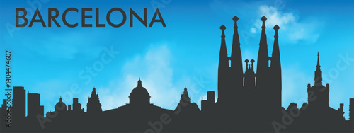 Black silhouette of the Barcelona city skyline against a realistic blue sky with white clouds