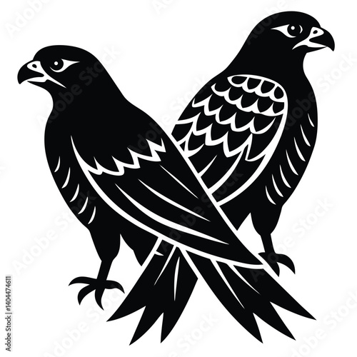 Black Silhouette of Two Hawks: Heraldic Design, Vector Illustration, Eagle-Like Birds, Crest Emblem, Decorative Art