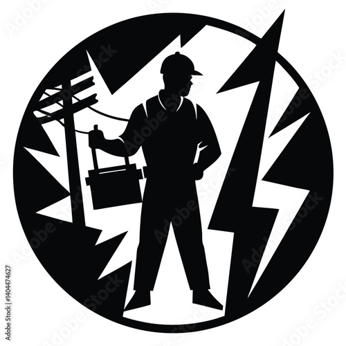 Electrician Silhouette Logo: Power Lines, Toolbox, Lightning Bolt, Black and White, Circle Design