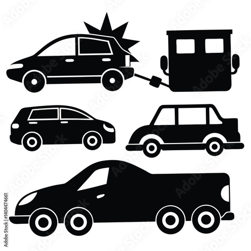 Black Silhouette Car Icons Set: Various Vehicle Types, Accident, Towing, Hatchback, Sedan, Pickup Truck, Flat Design