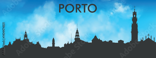 Black silhouette of the Porto, Portugalcity skyline against a realistic blue sky with white clouds