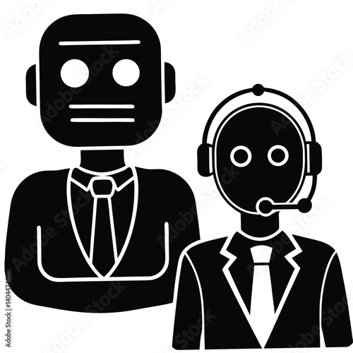 Black and White Vector Illustration of Business Robots, AI Customer Service Agents, and Technology