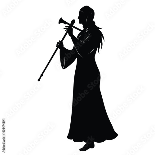 Silhouette of a Woman Playing a Medieval Flute: Elegant Black and White Illustration, Musical Instrument, Long Dress, Historical Figure, Art