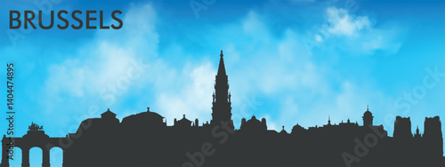 Black silhouette of the Brussels, Belgium city skyline against a realistic blue sky with white clouds