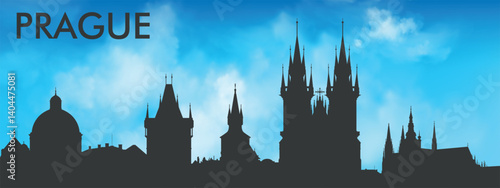 Black silhouette of the Prague, Czech Republic city skyline against a realistic blue sky with white clouds