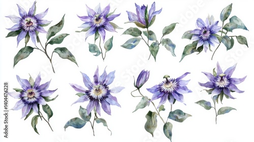 A captivating watercolor collection unfolds, showcasing the intricate beauty of passion flowers in a series of graceful poses Each bloom, rendered with delicate washes and nuanced shading, exudes a