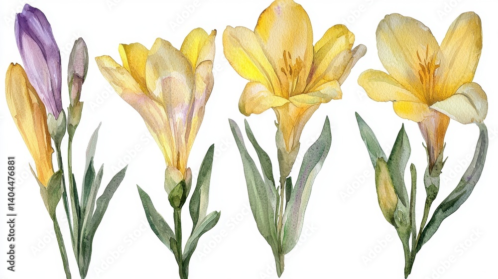 Obraz premium A delicate collection of watercolor Freesia blossoms, showcasing their graceful forms and vibrant hues Each flower is meticulously rendered with subtle gradations of color, capturing the ephemeral