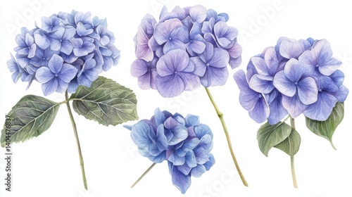 A delicate assembly of watercolor hydrangeas, each bloom meticulously rendered in soft hues, forms a captivating botanical study The petals, painted with subtle gradations, convey a sense of ethereal