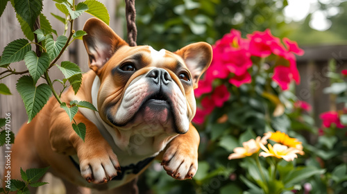 english bulldog with hanging silva exploring garden