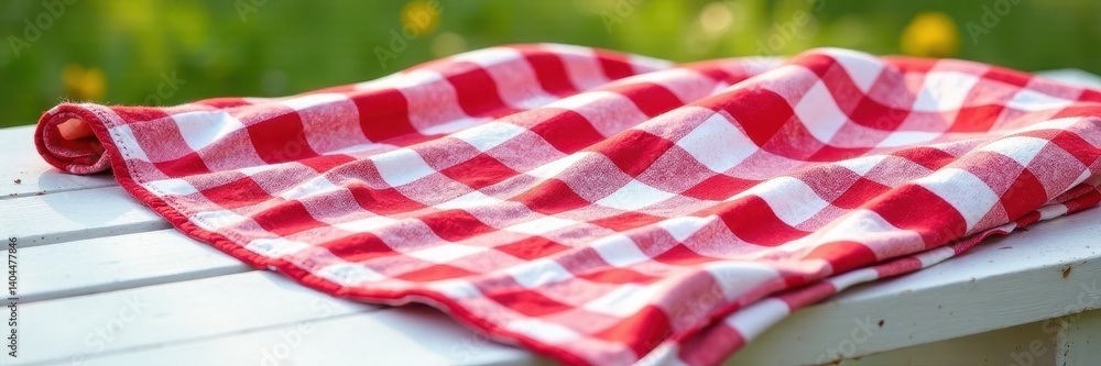 Fototapeta premium Vibrant red and white checkered picnic blanket on weathered white table, summer, gingham