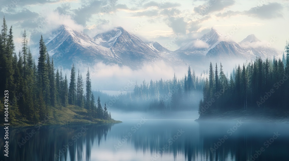 Serene mountain lake landscape with misty fog and snow capped peaks sky view calm blue cold wild dawn Serene mountain lake landscape with misty fog and snow capped peaks sky view calm blue cold wild dawn