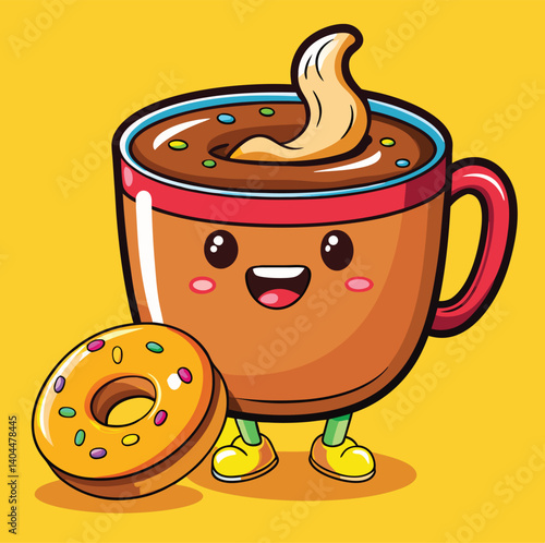 Cute Cartoon Coffee Cup Character With Donut On A Yellow Background