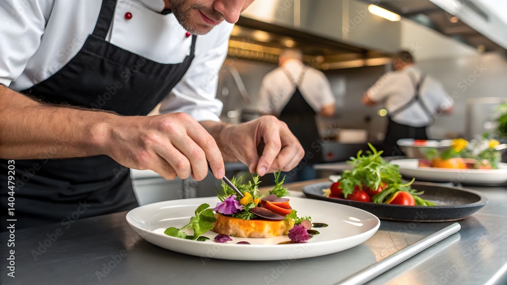 Focused image of a chef adding final touches to a plated dish, showcasing culinary artistry. Perfect for gourmet food advertisements, restaurant branding, and culinary publications. Focused image of a chef adding final touches to a plated dish, showcasing culinary artistry. Perfect for gourmet food advertisements, restaurant branding, and culinary publications.