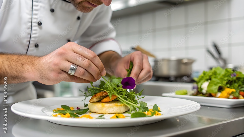 Focused image of a chef adding final touches to a plated dish, showcasing culinary artistry. Perfect for gourmet food advertisements, restaurant branding, and culinary publications. Focused image of a chef adding final touches to a plated dish, showcasing culinary artistry. Perfect for gourmet food advertisements, restaurant branding, and culinary publications.