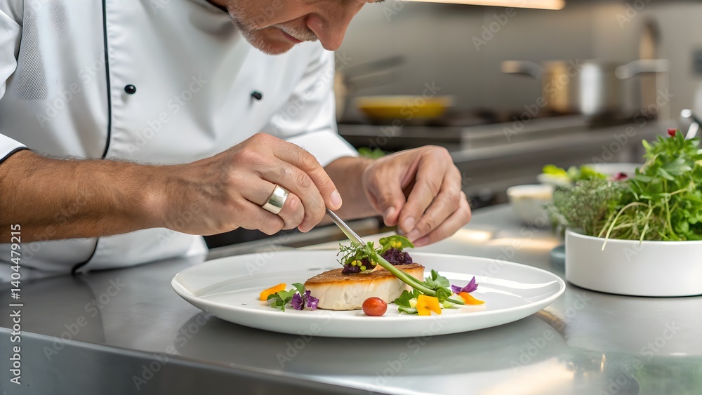 Focused image of a chef adding final touches to a plated dish, showcasing culinary artistry. Perfect for gourmet food advertisements, restaurant branding, and culinary publications. Focused image of a chef adding final touches to a plated dish, showcasing culinary artistry. Perfect for gourmet food advertisements, restaurant branding, and culinary publications.