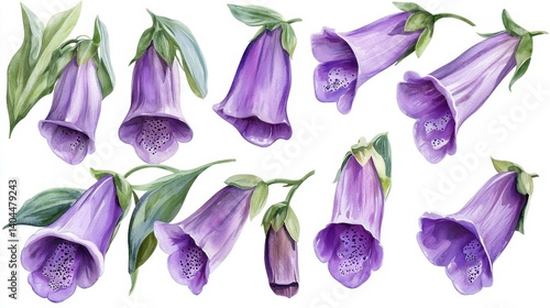 A watercolor collection presents delicate foxglove flowers in varying orientations, creating a sense of natural beauty Each bloom is meticulously rendered, capturing the intricate details and subtle