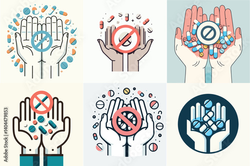 open hand vector with prohibition symbol on drug pills