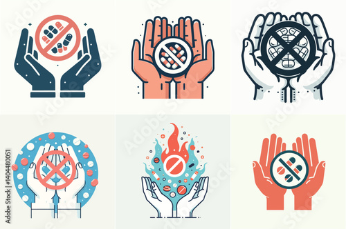 open hand vector with prohibition symbol on drug pills