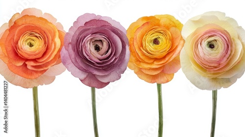 Delicate watercolor Ranunculus flowers are featured, showcasing a vibrant collection that captures the essence of spring and natural beauty The image includes six floral elements, each painted in