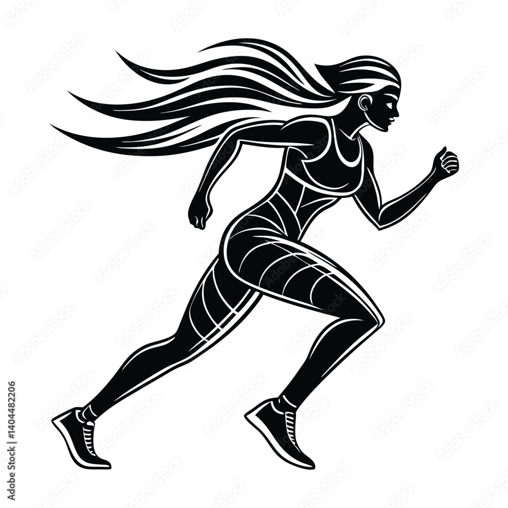 Fototapeta premium Black and White Silhouette of Female Athlete in Dynamic Running Pose with Flowing Hair and Powerful Stride in Minimalist Vector Style
