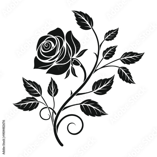 Black and White Stylized Rose Silhouette with Ornate Petals and Botanical Motif in Elegant Minimalist Vector Art Design
