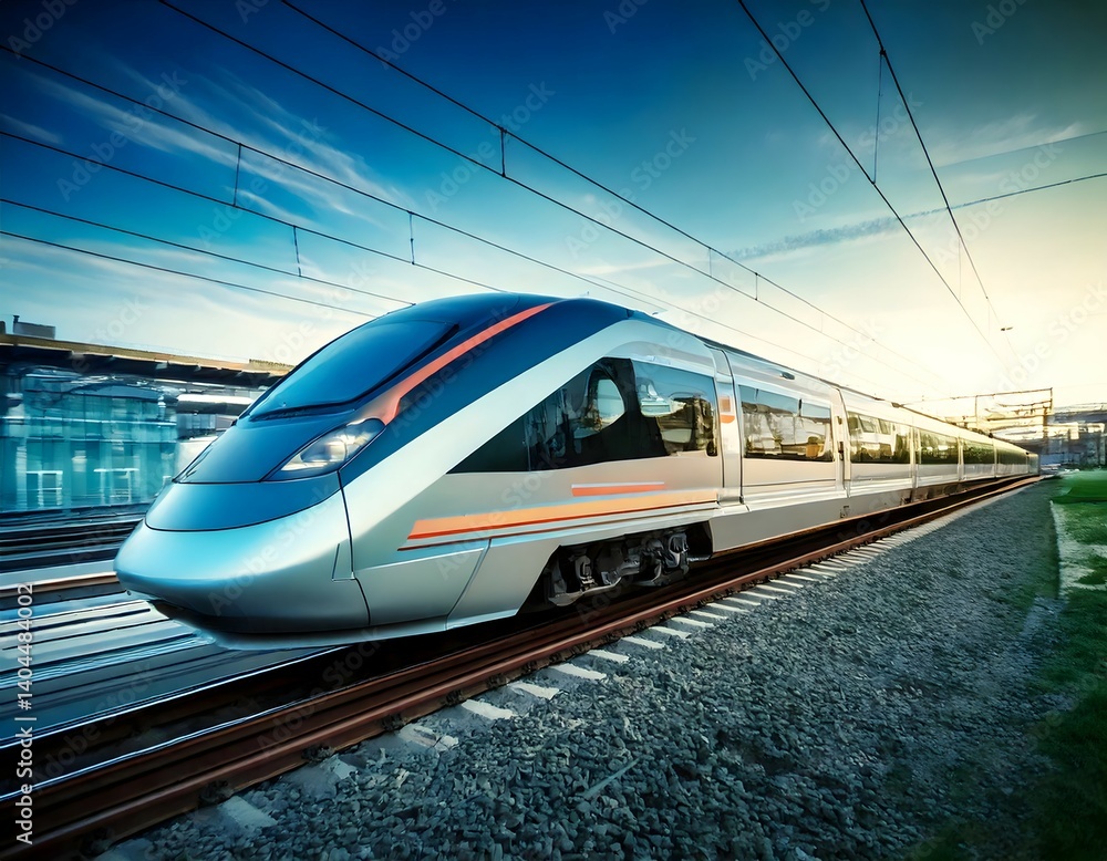 Fototapeta premium A high-speed train running on a smart rail system, with digital ticketing stations, automated train schedules, and energy-efficient design. The train is equipped with sensors and cameras for safe trav