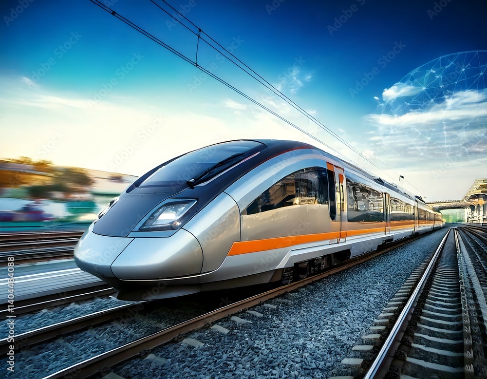Naklejka premium A high-speed train running on a smart rail system, with digital ticketing stations, automated train schedules, and energy-efficient design. The train is equipped with sensors and cameras for safe trav